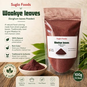 May include: A clear bag and a small bowl contain maroon-coloured Waakye leaves powder. The bag is labelled "Waakye leaves (Sorghum leaves Powder)" and states it is 100% natural. A small pile of the powder sits in a small bowl. The package contains 100g (3.5oz).