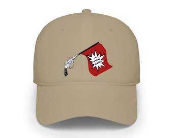 34 Special Designs Logo dad hat Revolver with Waving Flag Hat | Vintage Pistol Illustration
