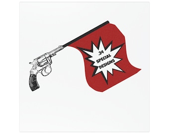 34 Special Designs logo car magnet, Revolver with Red Flag car magnet | Retro Western novelty decal