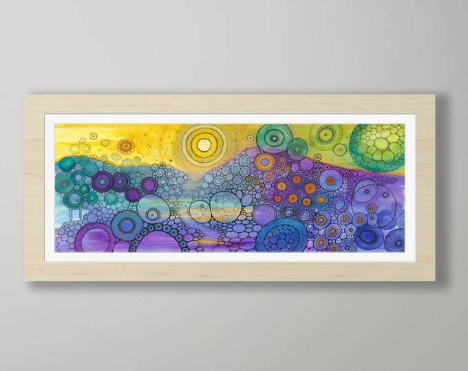DoodlePainting - ORIGINAL -  30x12 - Abstract Circles Landscape Watercolor in Mat -  Stardust