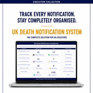 May include: A laptop displaying the UK Death Notification Dashboard, featuring sections for Getting Started, Notification Overview, Progress, and Workbook Navigation, with numerical data tracking government, financial, and digital accounts.
