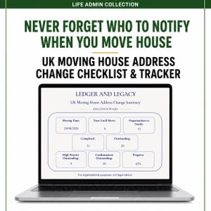 May include: A laptop displaying a digital UK moving house address change checklist and tracker. The screen shows a summary with fields for moving date, days until move, organizations to notify, completed, outstanding, and progress percentage.