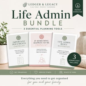 以下が含まれることがあります： Life Admin Bundleデジタルプランニングセット。Important Documents Checklist、If Something Happens To Me Checklist、Life Admin Reset Workbookの3つのドキュメントが含まれています。セージグリーン、ソフトピンク、ホワイトのカラーパレットで構成されています。