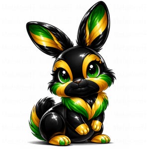 May include: A cartoon illustration of a black bunny with green and yellow accents. The bunny has large green eyes and is sitting upright. The ears, neck, and paws are decorated with the colors of the Jamaican flag.