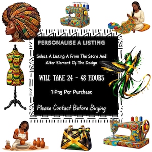 Può includere: Immagine con illustrazioni legate all'artigianato. Include una donna con un turbante colorato, macchine da cucire, un manichino, una borsa, un colibrì e una donna che fa l'uncinetto. Il testo dell'immagine recita: "PERSONALIZZA UN ELENCO" e "CI VORRANNO 24 - 48 ORE."