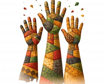 May include: Watercolor illustration of three arms and hands raised in the air. The arms and hands are decorated with a patchwork design in shades of red, yellow, green, and brown. Small confetti-like shapes float above the hands.