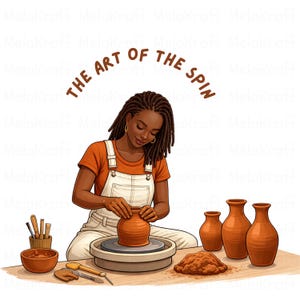 May include: Illustration of a person creating pottery on a pottery wheel. The person is wearing an orange shirt and white overalls. The text "THE ART OF THE SPIN" is arched above the person. Several finished terracotta vases and tools are also visible.