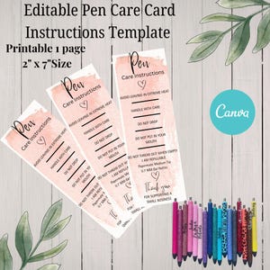 May include: Three pen care instruction cards with a watercolour design, each measuring 5 cm x 18 cm. The cards feature instructions like "Avoid leaving in extreme heat" and "Handle with care." A collection of pens with glitter and patterned designs are at the bottom.