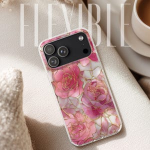 May include: A clear phone case featuring a floral design with pink and white roses outlined in gold. The phone case has a black camera module and the word "FLEXIBLE" is visible in the background.