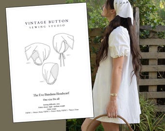 May include: A white sewing pattern titled "The Eve Bandana Headscarf" by Vintage Button Sewing Studio. The pattern includes diagrams and measurements in centimeters. A person is wearing a white headscarf and dress, holding a woven basket.