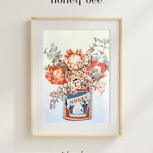 Hand Painted Floral Honey Jar Art | Cottagecore Bee Artwork (40x50cm)