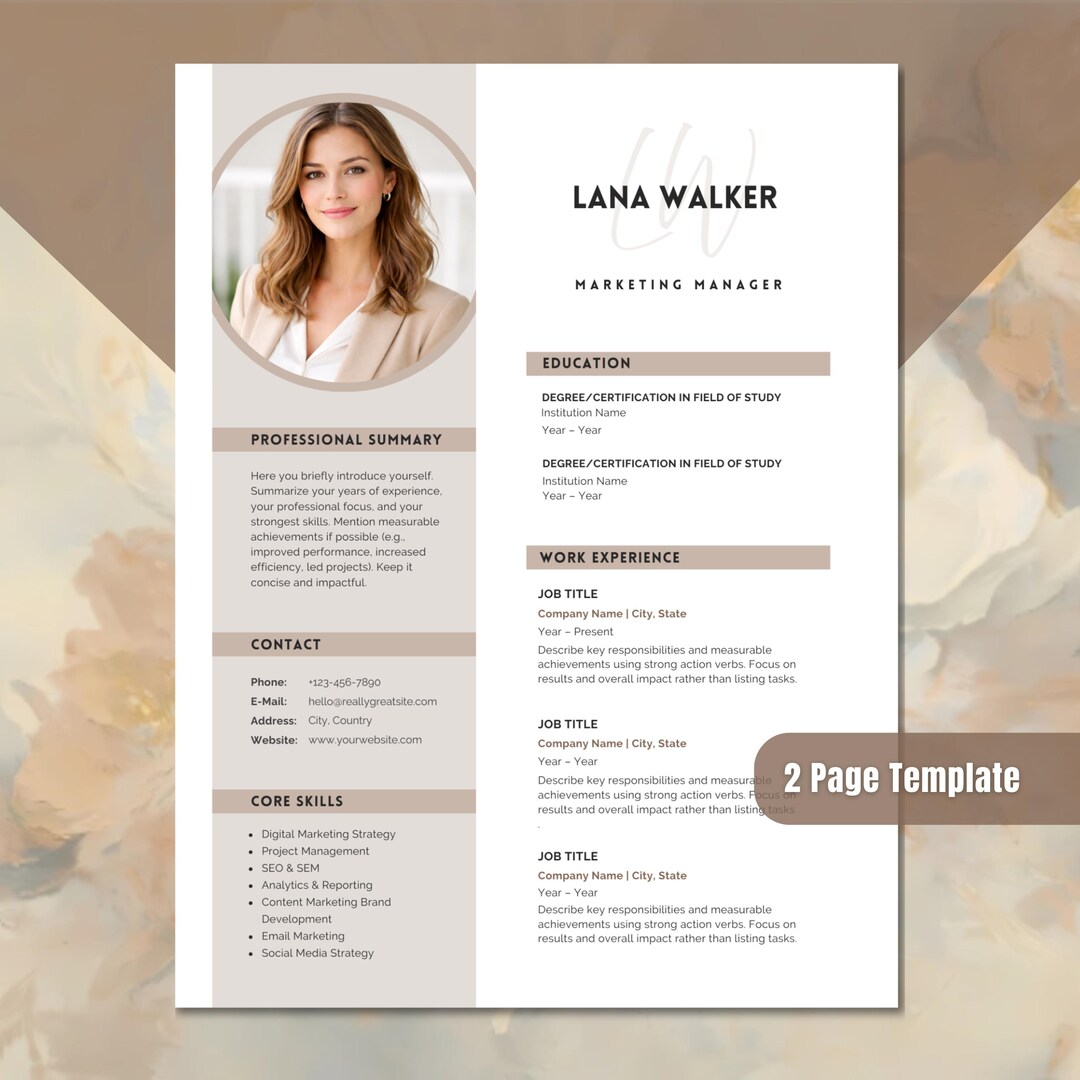 Modern Resume Template Canva | 1 or 2 Page Professional CV | A4 & US ...