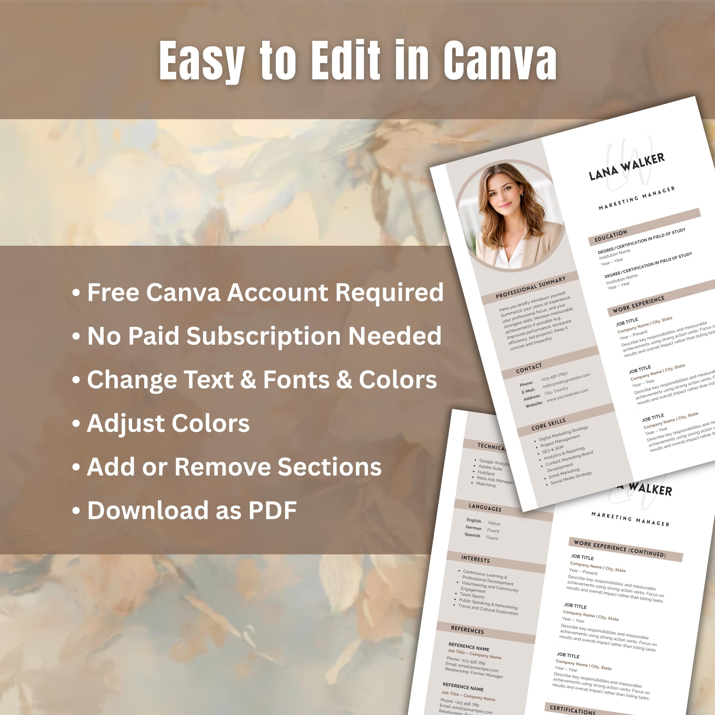 Modern Resume Template Canva | 1 or 2 Page Professional CV | A4 & US ...