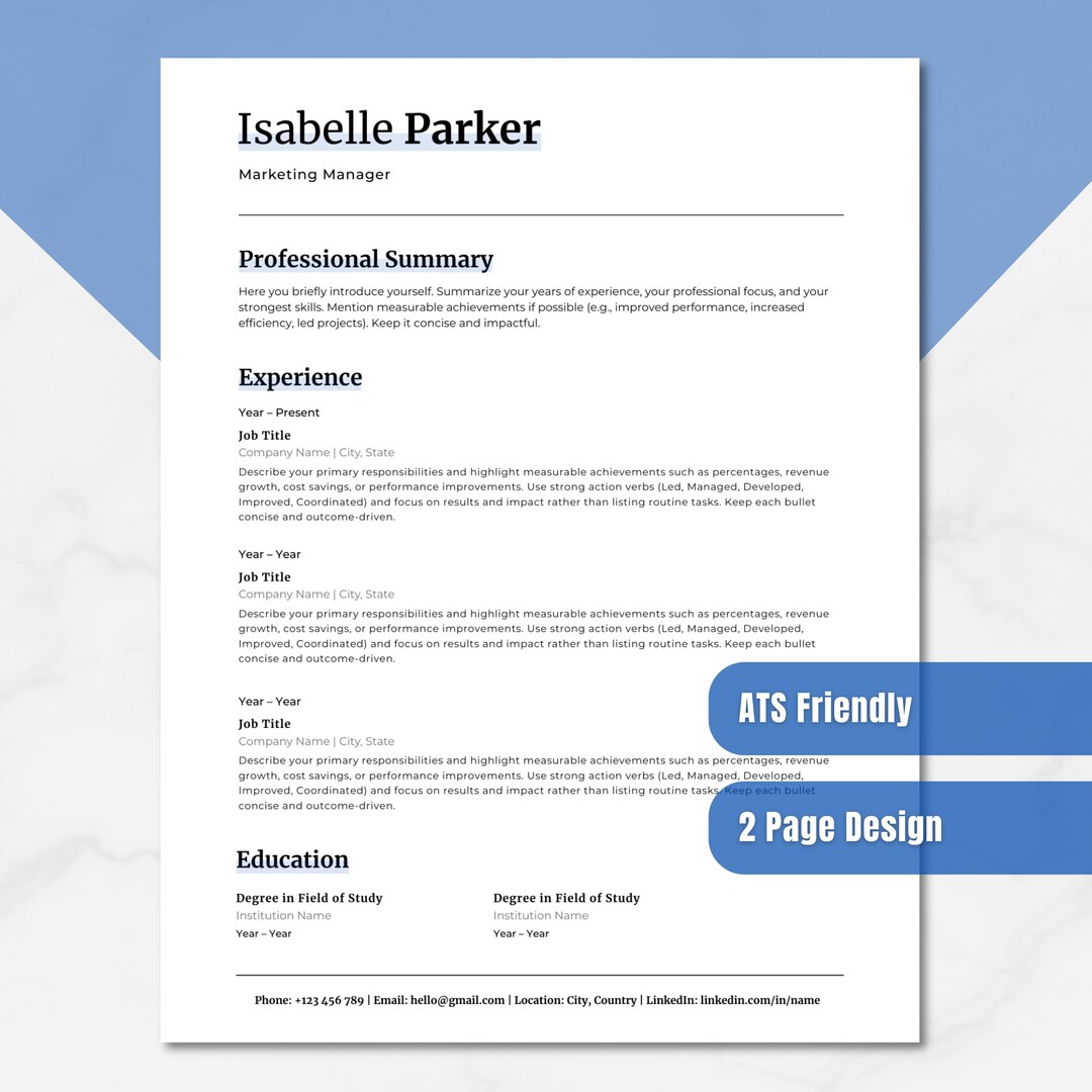ATS Friendly Resume Template, CV Template 1 and 2-page (canva) - Etsy