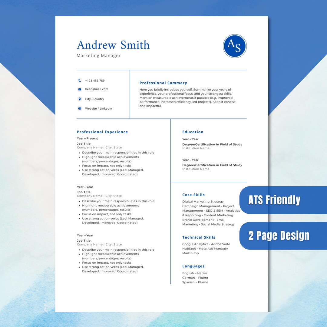 Executive Resume Template Canva | ATS Friendly CV | Professional 1-2 ...
