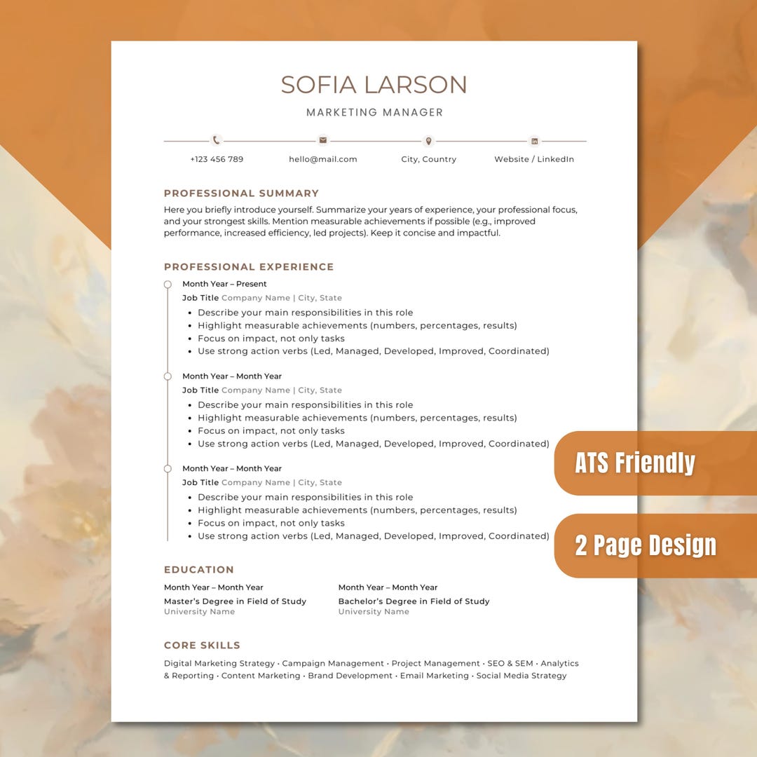 ATS Friendly Resume Template Canva | Professional CV, 1 & 2 Page ...