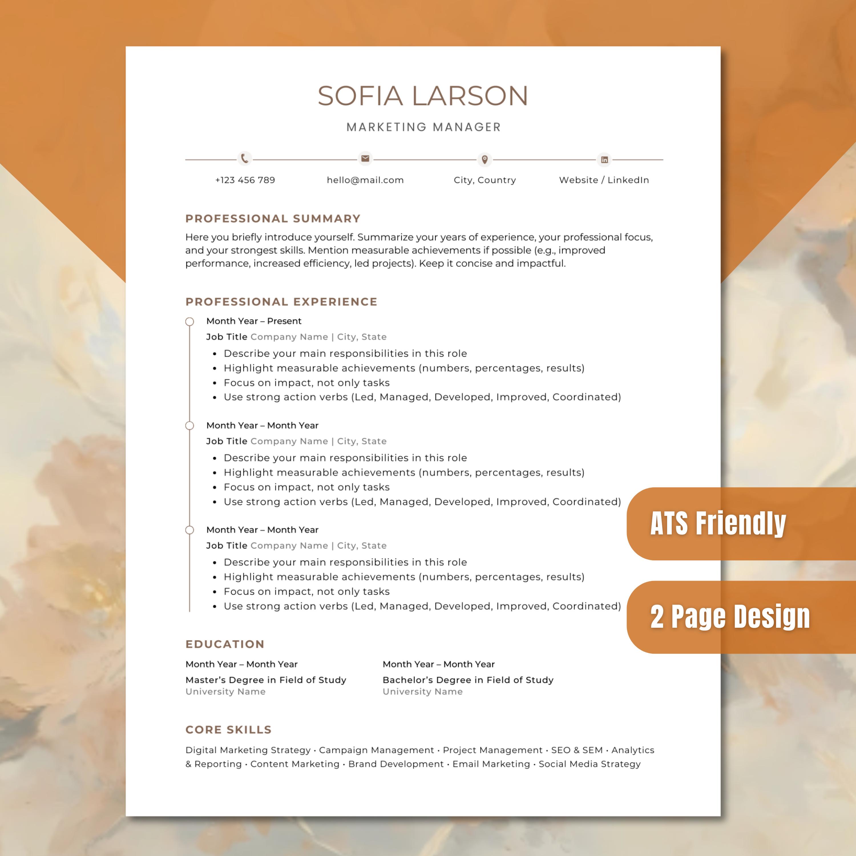 ATS Friendly Resume Template Canva | Professional CV, 1 & 2 Page ...