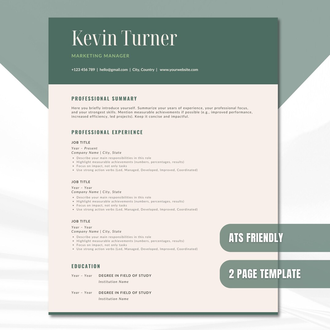 ATS Friendly Resume Template Canva | 2 Page Minimalist CV (digital ...