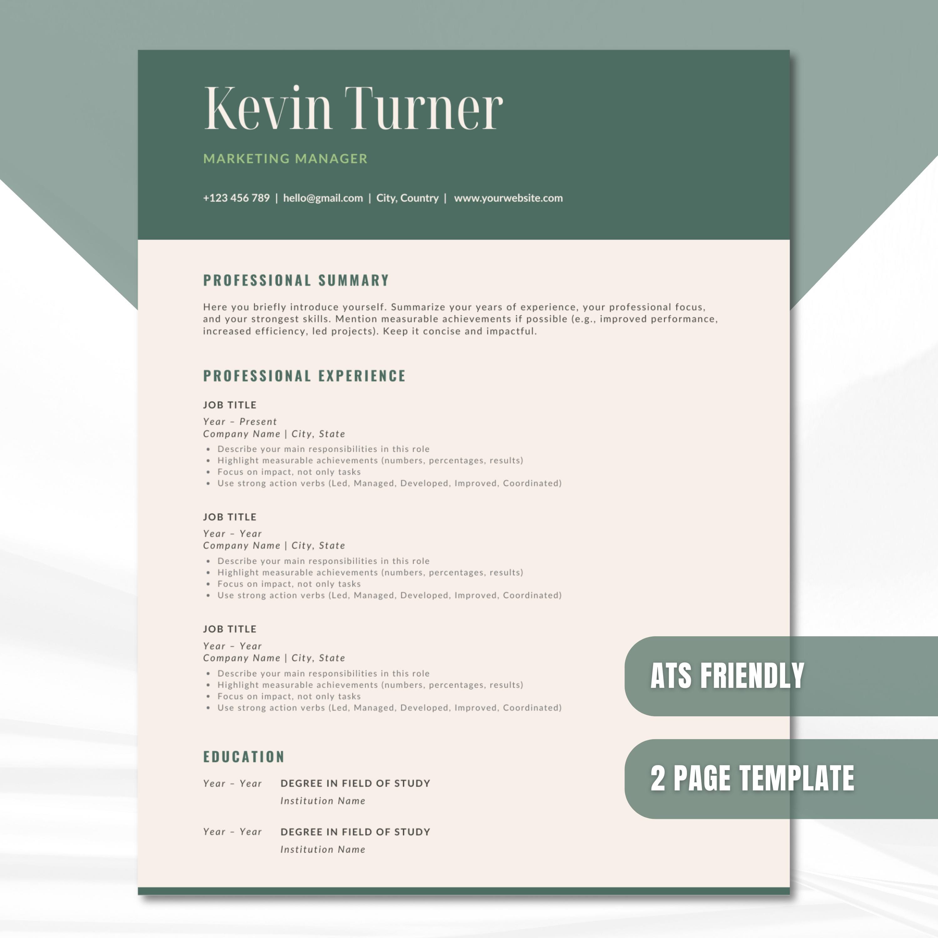 ATS Friendly Resume Template Canva | 2 Page Minimalist CV (digital ...