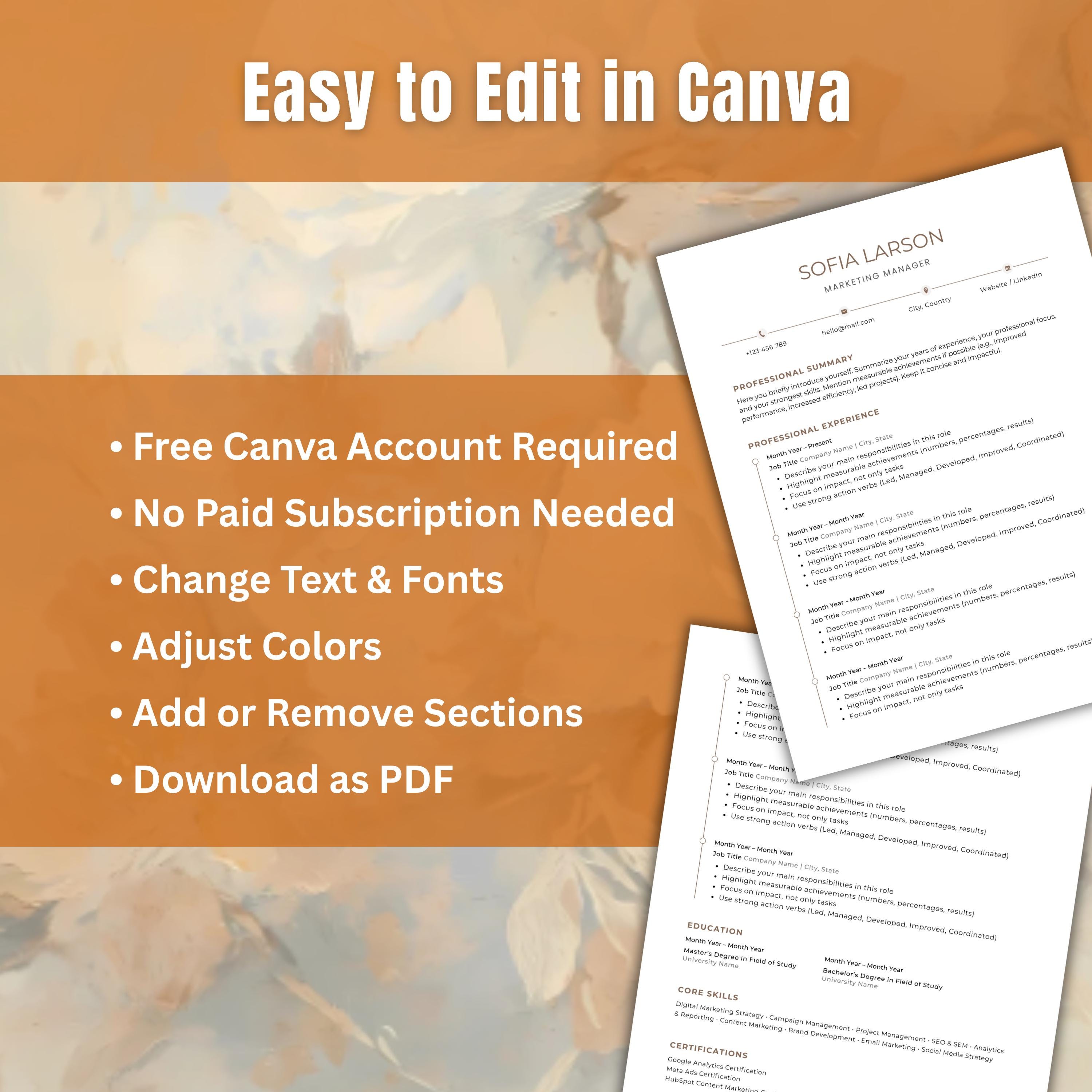 ATS Friendly Resume Template Canva | Professional CV, 1 & 2 Page ...