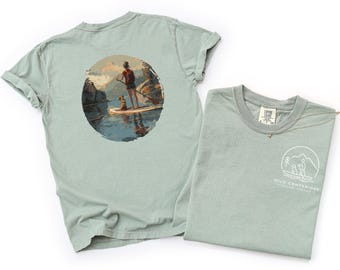 Stand Up Paddleboard T-shirt, Paddleboarder with Dog Illustration, Sunset Scene, Wild Companions, Explore Together