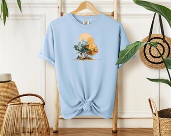Reading Books Under the Tree, Book Lover T-shirt, Sunset Trees Illustration, Two-Tone Tree Art