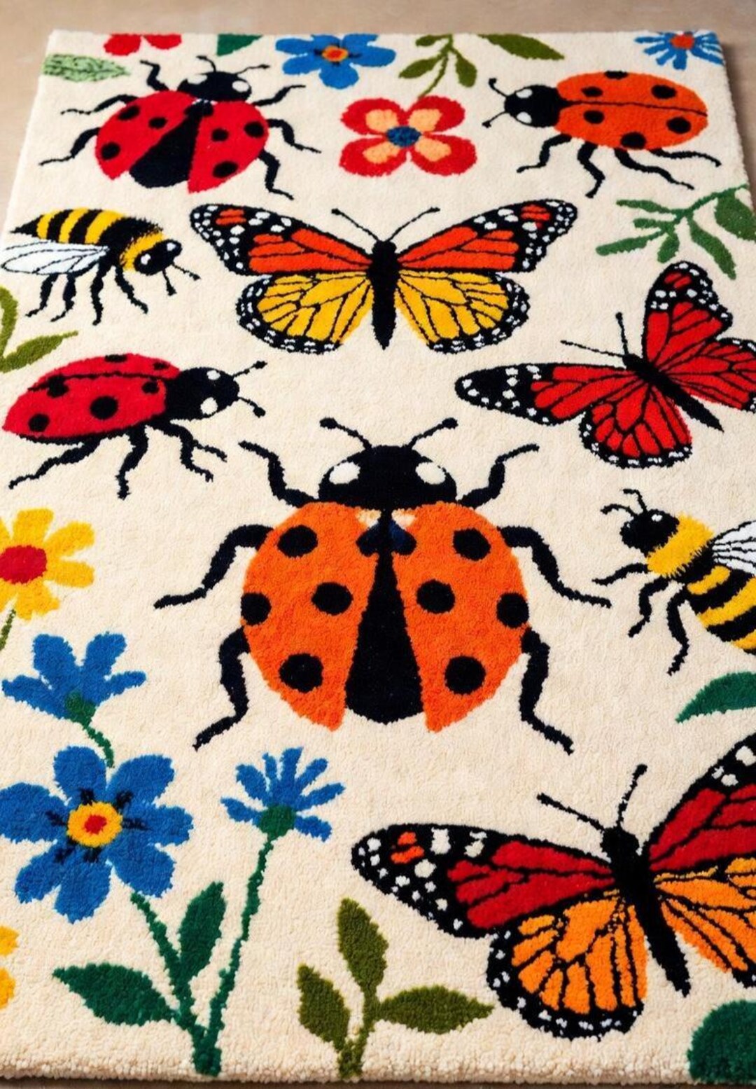 Hand Tufted Wool Rug With Butterfly & Ladybug Design | Colorful Floral ...
