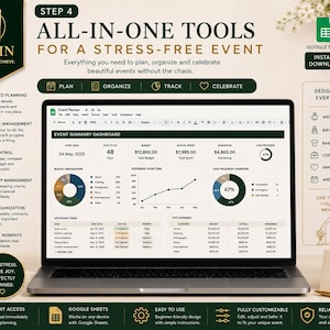 Op de afbeelding: Een digitale evenementenplanner-sjabloon voor Google Sheets weergegeven op een laptopscherm. De interface bevat een dashboard met budgetoverzichten, uitgavengrafieken, taakvoortgang en lijsten met aankomende taken in donkergroen en wit.