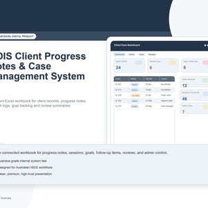 System notatek o postępach klienta NDIS i zarządzania sprawami | Dziennik sesji, śledzenie celów, podsumowanie przeglądu | Excel