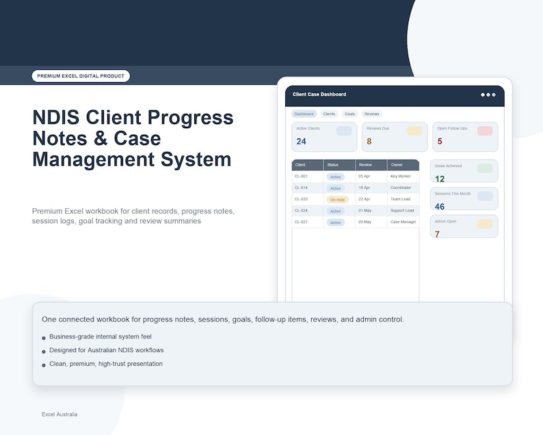 Op de afbeelding: Afbeelding van een digitaal product getiteld "NDIS Client Progress Notes & Case Management System". De afbeelding toont een dashboard met gegevens en een klantenlijst. Het product wordt beschreven als een premium Excel-werkmap voor klantgegevens en voortgangsnotities.