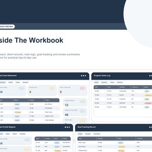Op de afbeelding: Voorbeeld van een digitaal werkboek met een donkerblauwe kop en een witte achtergrond. De tekst "Inside The Workbook" wordt weergegeven, samen met dashboards, klantrecords en samenvattingen van doelstellingen. Het werkboek is ontworpen voor dagelijks gebruik.