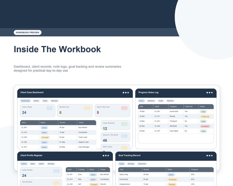 Op de afbeelding: Voorbeeld van een digitaal werkboek met een donkerblauwe kop en een witte achtergrond. De tekst "Inside The Workbook" wordt weergegeven, samen met dashboards, klantrecords en samenvattingen van doelstellingen. Het werkboek is ontworpen voor dagelijks gebruik.
