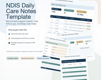 Sjabloon NDIS-notities voor dagelijkse verzorging | Dagelijks logboek ondersteuningsmedewerker (digitale download)