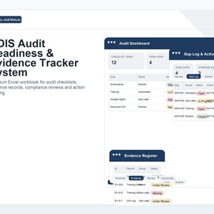 May include: A digital interface for an NDIS Audit Readiness & Evidence Tracker System. The screen displays an audit dashboard with checklist items, open gaps, and action tracking. The system includes an evidence register for tracking records.