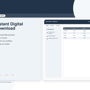 Op de afbeelding: Een digitale download product interface met de tekst "Instant Digital Download". De interface geeft functies weer: downloaden na aankoop, openen in Excel, bewerken voor workflow en hergebruiken indien nodig. Een tweede interface toont meegeleverde bestanden.