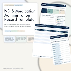 Könnte beinhalten: Vorschau einer digitalen Excel-Arbeitsmappe für eine NDIS-Medikamentenverwaltungs-Datensatzvorlage. Die Vorlage enthält ein Dashboard, ein Medikamentenprotokoll und druckbare Formulare. Das Design ist sauber mit weißem Hintergrund und blauen Akzenten.
