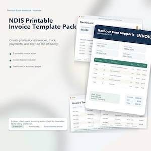 Peut inclure: Pack de modèles de factures numériques pour la facturation NDIS. Comprend des styles de factures imprimables, un suivi des factures et des pages de résumé du tableau de bord. Le texte à l'écran indique "Harbour Care Supports INVOICE". Conçu pour les flux de travail de facturation NDIS australiens.