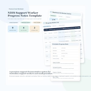 Pode incluir: Um modelo de livro de trabalho Excel para trabalhadores de apoio NDIS. A imagem mostra um livro de trabalho Excel branco e azul com o título "NDIS Support Worker Progress Notes Template". Inclui seções para notas, acompanhamentos e manutenção de registros. Download instantâneo e imprimível.