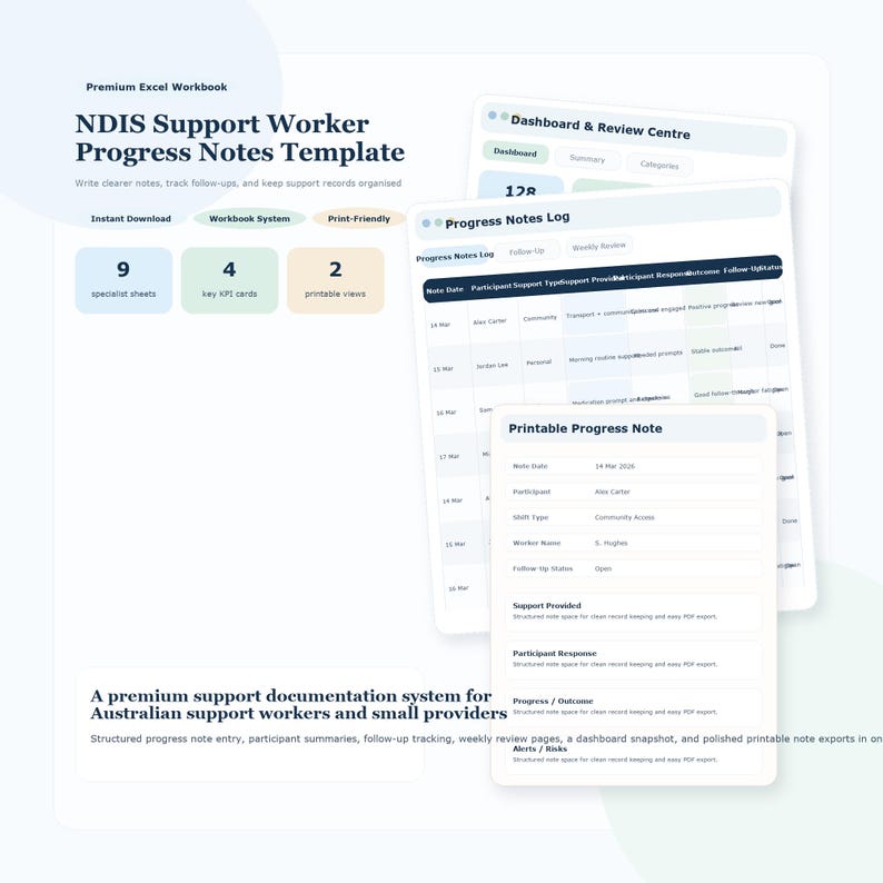 K&ouml;nnte beinhalten: Eine Excel-Arbeitsmappenvorlage f&uuml;r NDIS-Betreuer. Das Bild zeigt eine wei&szlig;-blaue Excel-Arbeitsmappe mit dem Titel "NDIS Support Worker Progress Notes Template". Sie enth&auml;lt Abschnitte f&uuml;r Notizen, Nachverfolgungen und die F&uuml;hrung von Aufzeichnungen. Sofortiger Download und druckfreundlich.
