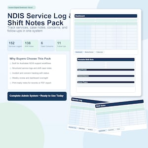 May include: Digital download of an NDIS Service Log & Shift Notes Pack. The pack includes a dashboard, printable shift notes, and service logs. The image shows the text "Track services, case notes, concerns, and follow-ups in one system."