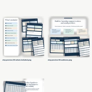 May include: Digital NDIS Handover Notes Template. The image shows a template with a dark blue and white design. The template includes sections for recording shift handovers, tracking follow-ups, and organizing records. The template is designed for use in the NDIS.