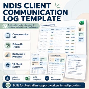 Modello Excel per il registro delle comunicazioni con i clienti NDIS / strumento di monitoraggio dei follow-up (download digitale)