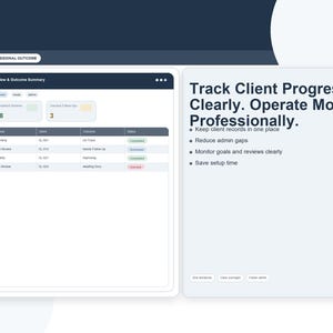 Op de afbeelding: Een digitale interface toont een "Review & Outcome Summary" met gegevens en een lijst met beoordelingen. De tekst rechts luidt: "Volg de voortgang van de klant duidelijk. Werk professioneler."