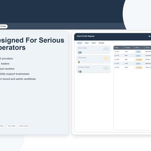 Op de afbeelding: Een digitale interface met de tekst "Designed For Serious Operators" en een lijst met diensten. Een tweede interface toont een klantenprofielregister met gegevenstabellen en numerieke samenvattingen.
