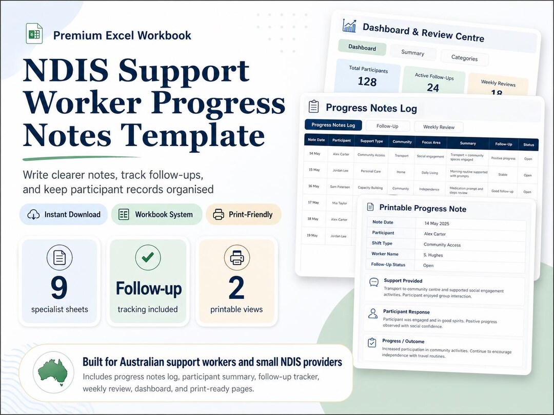 NDIS Support Worker Progress Notes Template | Australian Excel Workbook ...