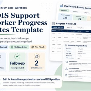 Puede incluir: Un libro de trabajo digital titulado "NDIS Support Worker Progress Notes Template". La imagen muestra un panel, un registro de notas de progreso y notas imprimibles. Incluye 9 hojas especializadas, seguimiento y 2 vistas imprimibles. El texto incluye "Descarga instantánea" y "Sistema de libro de trabajo".