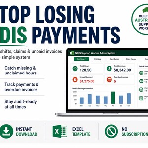 May include: A laptop screen displays the NDIS Support Worker Admin System interface. The screen shows data on total hours, earnings, unpaid amounts, and overdue invoices. Text at the top reads "STOP LOSING NDIS PAYMENTS."