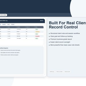 Op de afbeelding: Een digitale interface met de tekst "Built For Real Client Record Control." De interface toont een voortgangsnotitielogboek met klantgegevens en een workflow snapshot. Het ontwerp is strak met een donkerblauwe header.