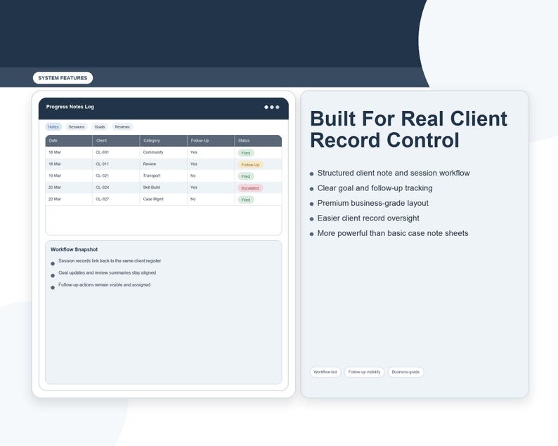Op de afbeelding: Een digitale interface met de tekst "Built For Real Client Record Control." De interface toont een voortgangsnotitielogboek met klantgegevens en een workflow snapshot. Het ontwerp is strak met een donkerblauwe header.