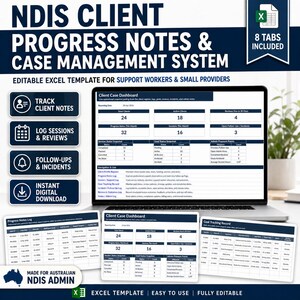 May include: A laptop screen showing an Excel template for NDIS client progress notes and case management. The template is designed for support workers and small providers. The text on the screen reads "NDIS CLIENT PROGRESS NOTES & CASE MANAGEMENT SYSTEM".